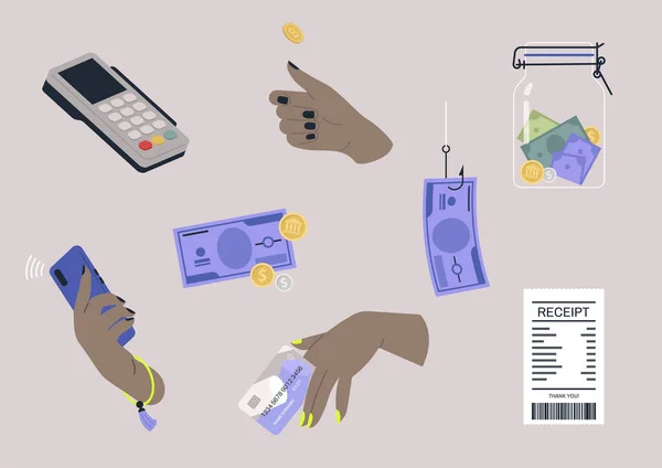 Finansal etiket paketi, düz vektör resimleri, nakit ve nakitsiz para transferleri, bir kağıt makbuzu ve posizyon terminali.