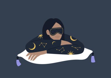 İpek pijama ve uyku maskesi takan genç bir kadın karakter.
