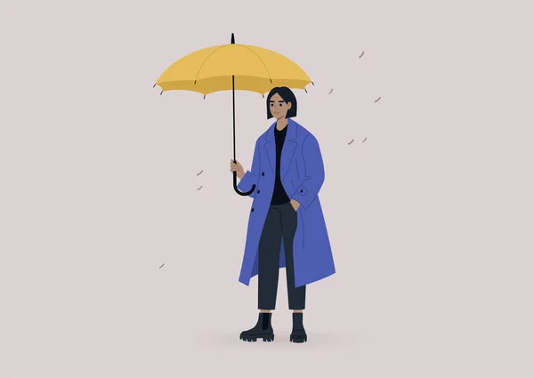 Young Female Character Wearing Oversize Coat Holding Yellow Umbrella Rainy — Stock Vector
