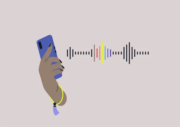 Lgbtq Podcast Hand Holding Smartphone Rainbow Sound Wave — Stockvector