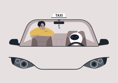 Özerk araç konsepti, arka koltukta genç Asyalı bir erkekle araba süren sevimli, gelecekçi bir robot.