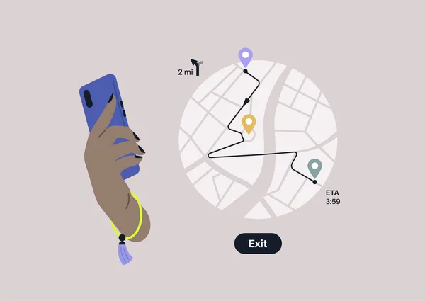 一个手持带有Gps导航应用程序的手机的手 公路旅行的概念 日常生活中的新技术 — 图库矢量图片