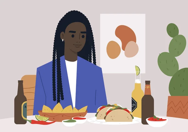 Joven Personaje Negro Cenando Restaurante Mexicano Con Comida Tradicional — Archivo Imágenes Vectoriales