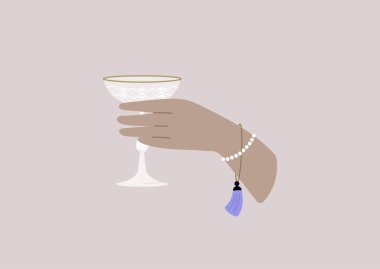 A celebration concept, an elegant hand holding a champagne saucer, classy lifestyle clipart