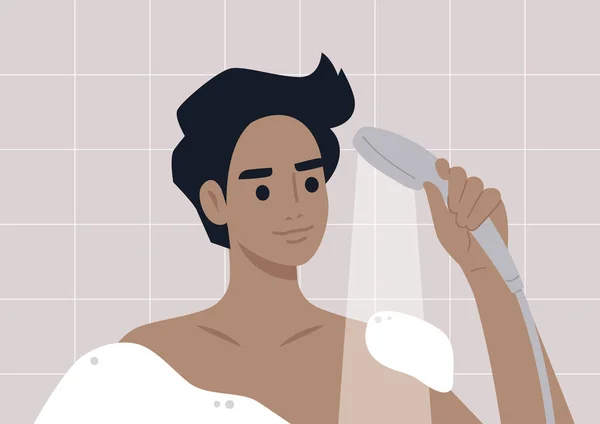 Denní Rutina Mladý Muž Postava Sprchuje Dopoledních Hodinách Mýdlová Pěna — Stockový vektor