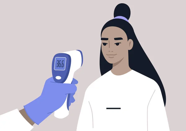 Covid Preventie Een Hand Met Een Medische Infrarood Thermometer Een — Stockvector