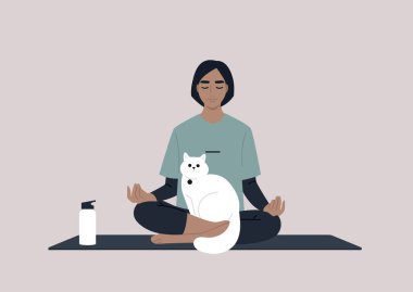Kucağında kedisiyle meditasyon yapan genç bir kadın karakter stresle baş ediyor, evde yoga egzersizi yapıyor.