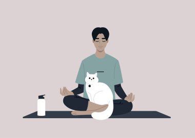 Genç bir Asyalı erkek karakter kucağında kedisiyle meditasyon yapıyor. Stresle başa çıkıyor, evde yoga yapıyor.