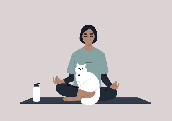 Joven Personaje Femenino Meditando Con Gato Regazo Lidiando Con Estrés — Vector de stock