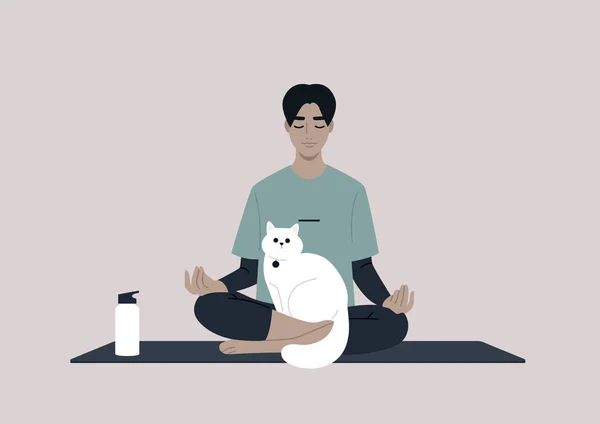 Joven Personaje Asiático Meditando Con Gato Regazo Lidiando Con Estrés — Vector de stock