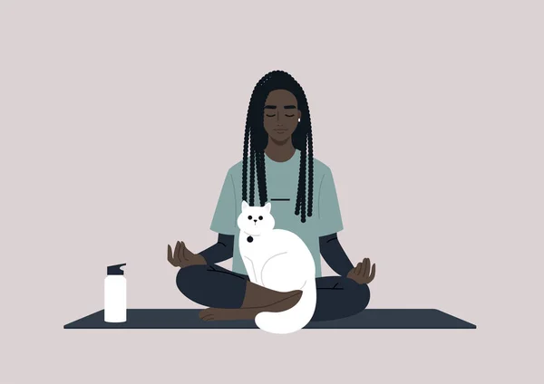 Young Female Black Character Meditating Cat Lap Dealing Stress Yoga — Stock Vector