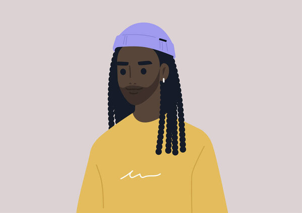 A portrait of a young male Black character wearing a rolled beanie hat and a casual sweatshirt, modern lifestyle