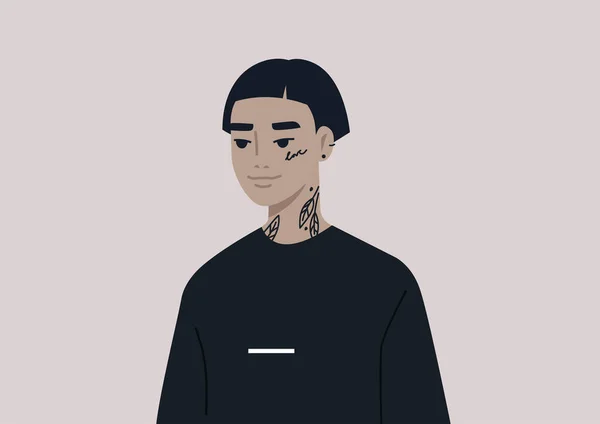 Portrait Personnage Asiatique Neutre Vis Vis Genre Portant Des Piercings — Image vectorielle