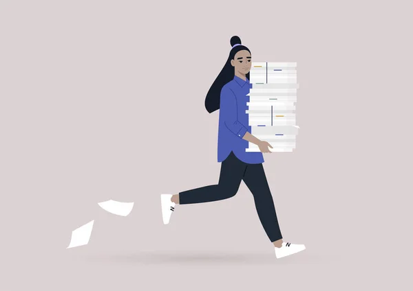 時間管理の概念 文書の巨大な山で実行されている若い女性アジアの文字 オフィスライフ 締め切り — ストックベクタ