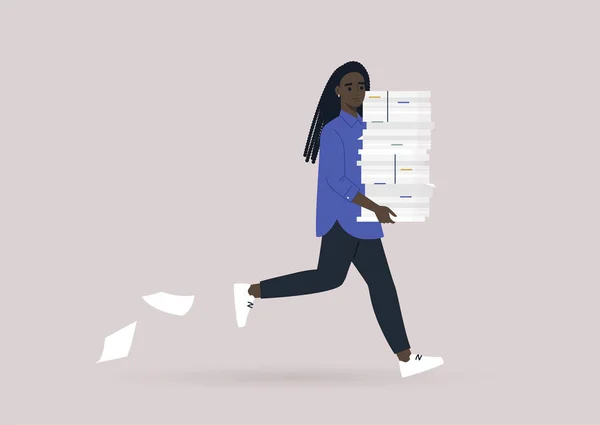 時間管理の概念 文書の巨大な山で実行されている若い女性ブラック文字 オフィスライフ 締め切り — ストックベクタ