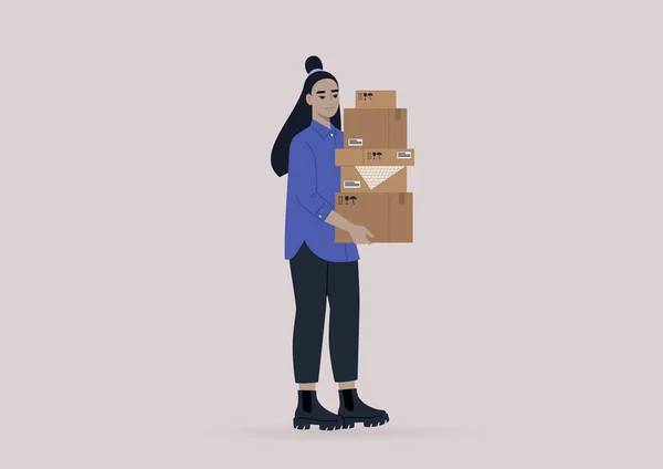 Jeune Personnage Asiatique Féminin Tenant Une Pile Boîtes Carton Déménageant — Image vectorielle