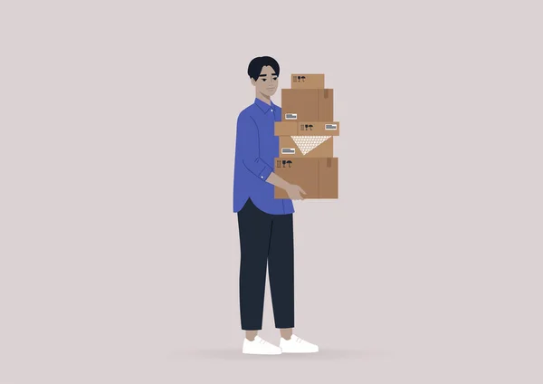 Egy Fiatal Ázsiai Férfi Egy Halom Kartondobozzal Kezében Kiköltözés Futárszolgálat — Stock Vector