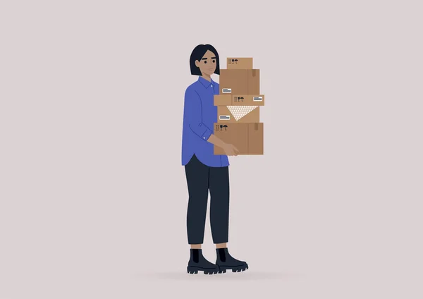 Joven Personaje Femenino Sosteniendo Una Pila Cajas Cartón Moviéndose Servicio — Archivo Imágenes Vectoriales