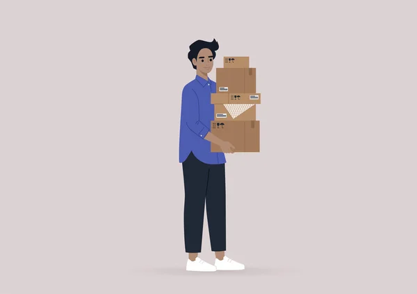 Joven Personaje Masculino Sosteniendo Una Pila Cajas Cartón Moviéndose Servicio — Archivo Imágenes Vectoriales