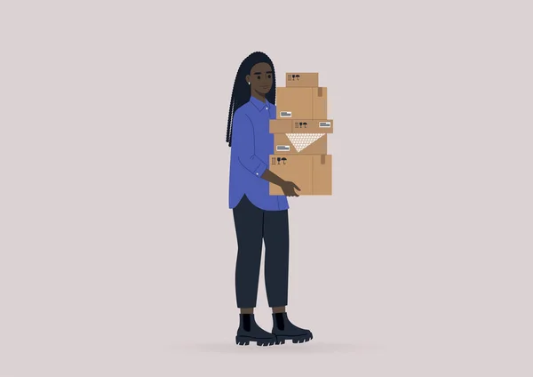 Een Jonge Vrouwelijke Zwarte Karakter Met Een Stapel Kartonnen Dozen — Stockvector