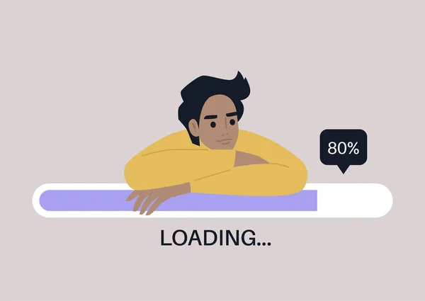 Young Male Character Leaning Progress Bar File Uploading Concept Royalty Free Stock Vectors