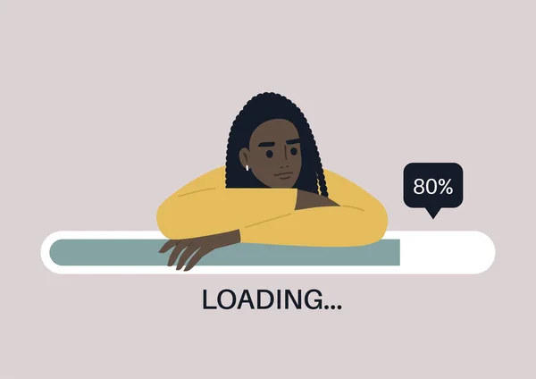 Young Female Black Character Leaning Progress Bar File Uploading Concept Vector Graphics