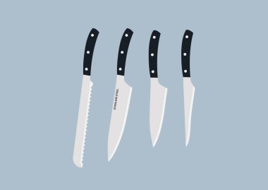 Farklı şekil ve uzunlukta bıçaklar, mutfak gereçleri.