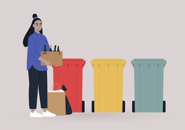 Joven Personaje Asiático Femenino Que Separa Basura Una Política Cero — Vector de stock