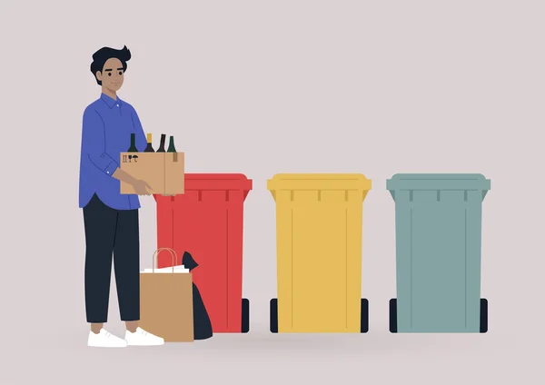 Eine Junge Männliche Figur Die Müll Trennt Eine Null Abfall — Stockvektor
