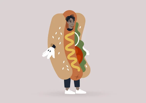 Jeune Personnage Noir Masculin Portant Costume Géant Hot Dog Une — Image vectorielle