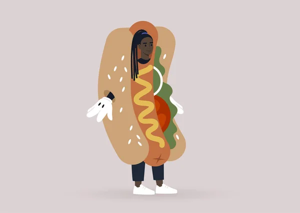 Jeune Personnage Noir Féminin Portant Costume Géant Hot Dog Une — Image vectorielle