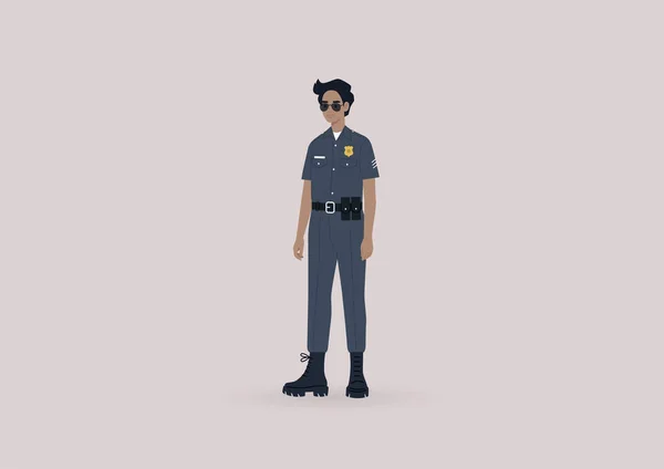 Joven Oficial Policía Guardia Con Uniforme Gafas Sol — Vector de stock