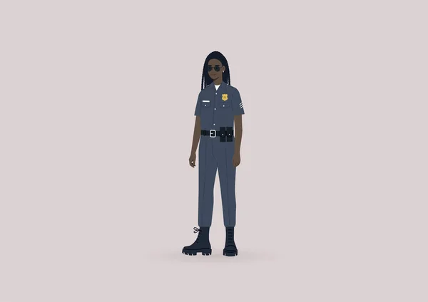 Une Jeune Policière Noire Service Portant Uniforme Des Lunettes Soleil — Image vectorielle