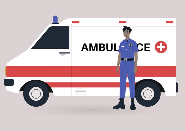 Jeune Homme Médecin Ambulancier Noir Service Portant Uniforme Concept Soins — Image vectorielle