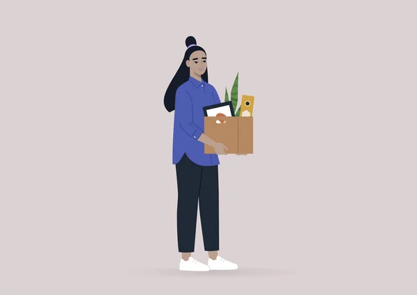 Une Jeune Femme Asiatique Tenant Ses Effets Personnels Concept Chômage — Image vectorielle