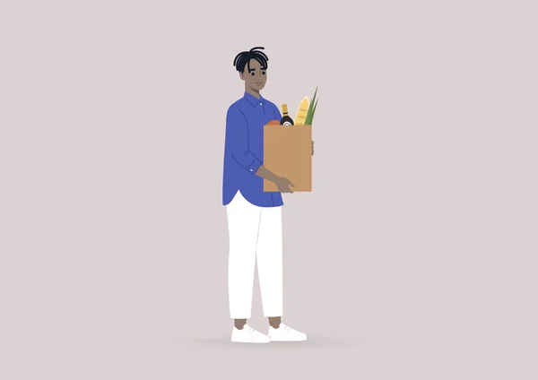 Compras Comestibles Joven Personaje Negro Con Una Bolsa Papel Llena — Archivo Imágenes Vectoriales