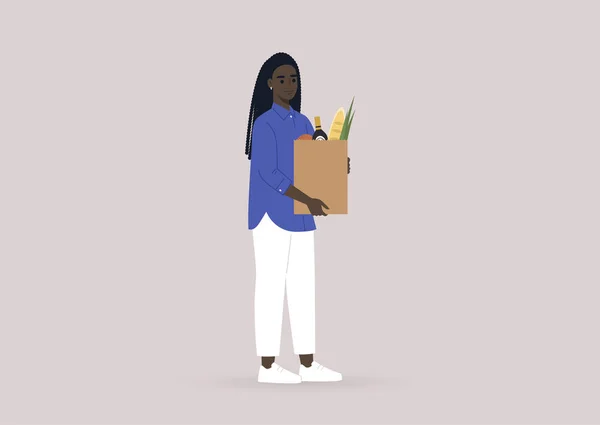 Negozio Alimentari Giovane Personaggio Femminile Nero Con Sacchetto Carta Pieno — Vettoriale Stock