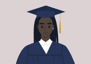 A graduation ceremony, a portrait of a female Black student wearing a gown and a cap clipart