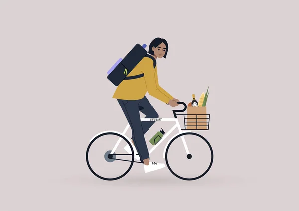 Personaje Femenino Joven Montando Una Bicicleta Con Una Cesta Portabotellas — Archivo Imágenes Vectoriales