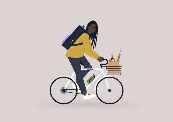 Joven Personaje Negro Femenino Montando Una Bicicleta Con Una Cesta — Vector de stock