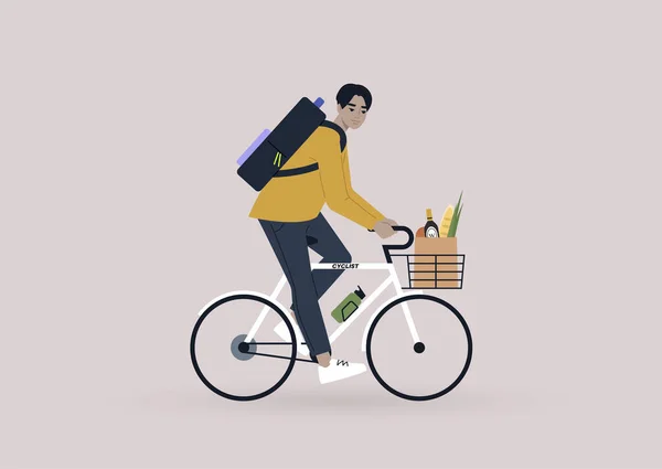 Joven Personaje Asiático Montado Una Bicicleta Con Una Cesta Portabotellas — Vector de stock