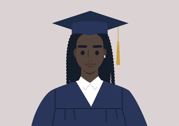 Graduation Ceremony Portrait Female Black Student Wearing Gown Cap — Stock Vector