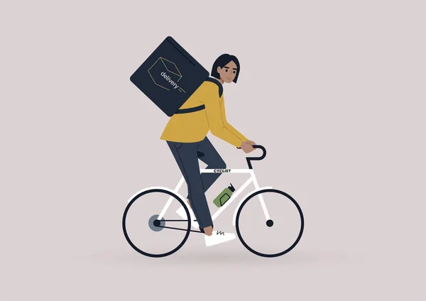 Serviço Entrega Alimentos Uma Jovem Mensageira Montando Uma Bicicleta —  Vetores de Stock