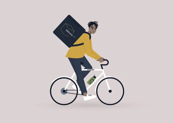 Service Livraison Nourriture Jeune Homme Courrier Noir Vélo — Image vectorielle