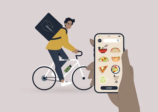 Essenslieferdienst Zum Mitnehmen Ein Junger Männlicher Kurier Auf Dem Fahrrad — Stockvektor