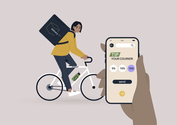 Tips Din Kurir Mobilapp Gränssnitt Ung Kvinnlig Karaktär Rida Cykel — Stock vektor