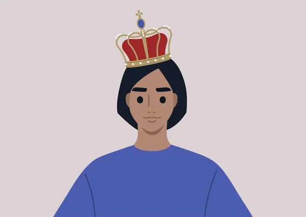 一个年轻的女性角色 头戴古老的金冠 戴着珍珠和天鹅绒 这是皇室家族的主题 — 图库矢量图片