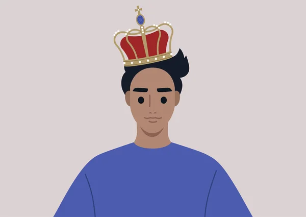 男主角一个年轻的男性角色 头戴古老的金冠 戴着珍珠和天鹅绒 这是皇室家族的主题 — 图库矢量图片