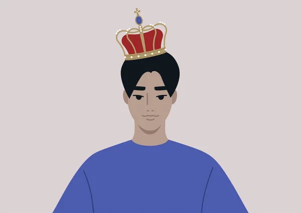 一位年轻的亚洲男性人物 头戴古老的金冠 戴着珍珠和天鹅绒 这是皇室家族的主题 — 图库矢量图片