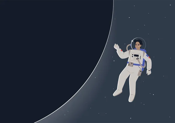 Jovem Astronauta Traje Espacial Flutuando Espaço Aberto Lado Planeta Escuro — Vetor de Stock